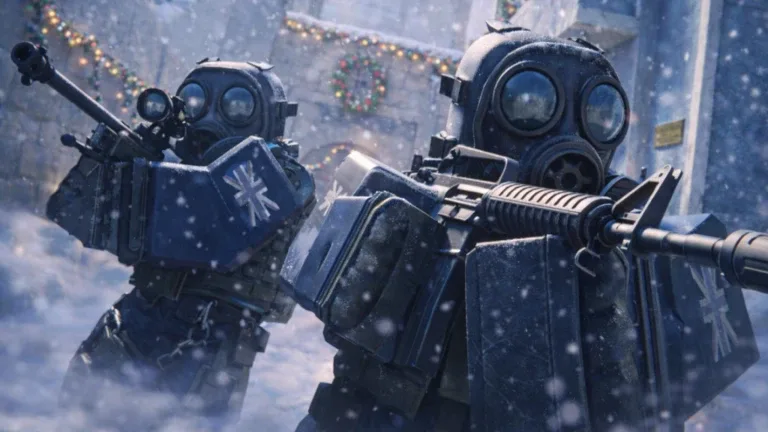 BloxStrike winter event artwork with gas-masked operators in snow